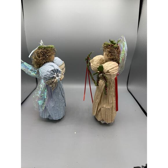 Vintage Handmade Christmas Angels Set of 2 Crepe Paper Halo Wings Silent Night - Picture 2 of 6